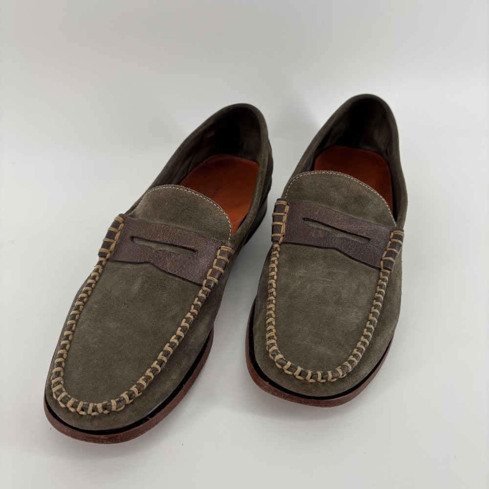 Martin Dingman Mens Penny Loafers 9M Olive Green Suede Leather Handcrafted